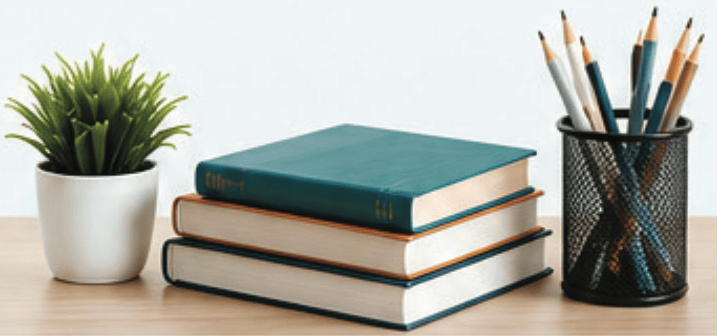 Bureau d’étude avec livres, plante verte et crayons